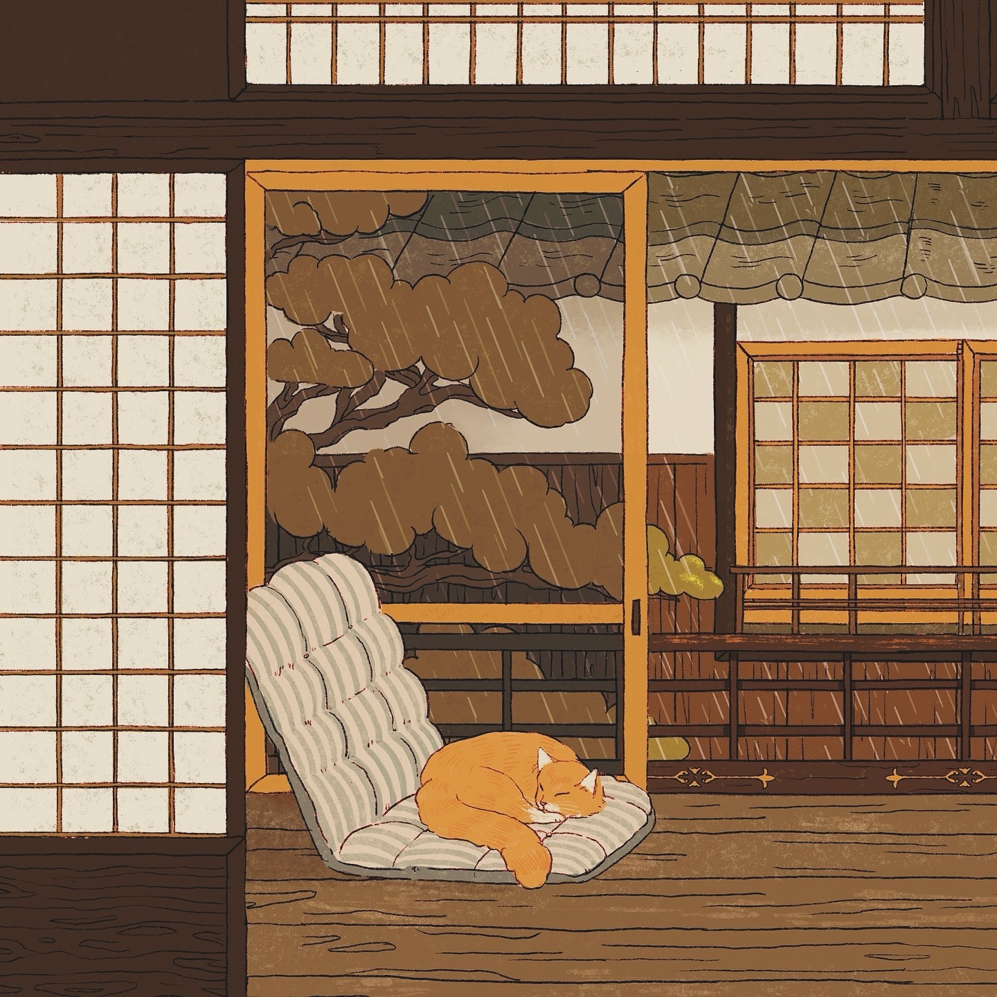 Rainy machiya back room illustration with a sleeping orange cat
