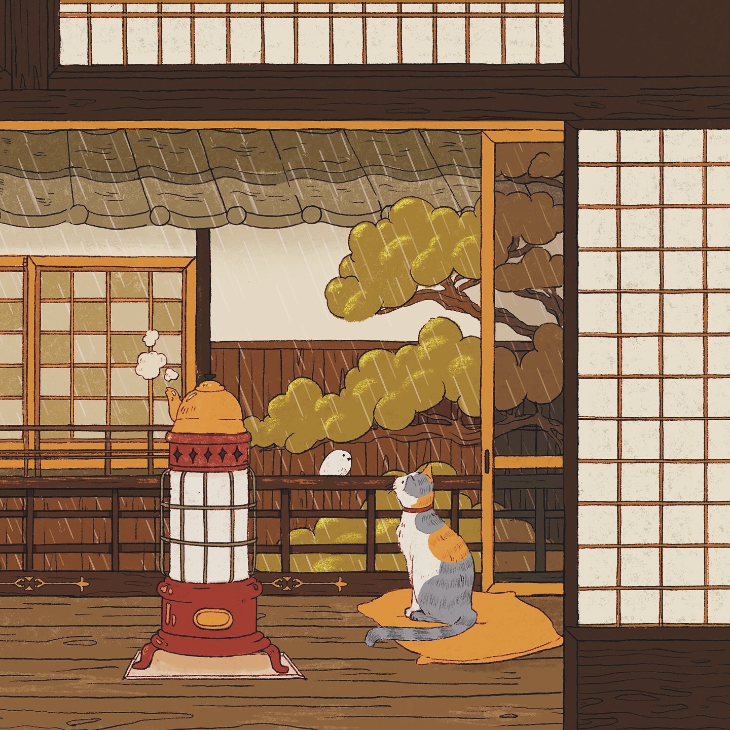 Rainy machiya front room illustration with a calico cat by a stove